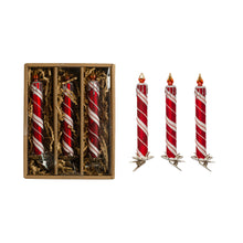 Load image into Gallery viewer, 6"H Glass Candle Clip-on Ornaments with Glitter, Red & White Set of 3