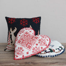 Load image into Gallery viewer, 17"L x 16"W Cotton Embroidered Heart Shaped Pillow with Pattern & Pom Pom Trim