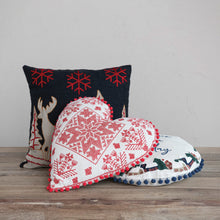 Load image into Gallery viewer, 17"L x 16"W Cotton Embroidered Heart Shaped Pillow with Pattern & Pom Pom Trim