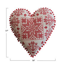 Load image into Gallery viewer, 17"L x 16"W Cotton Embroidered Heart Shaped Pillow with Pattern & Pom Pom Trim