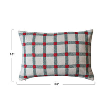 Load image into Gallery viewer, 24"L x 16"H Cotton Lumbar Pillow with Embroidery, Natural, Green & Red Plaid