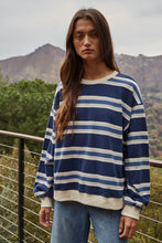 Load image into Gallery viewer, Knit Cotton Striped Crew Neck Long Sleeve Top - Navy
