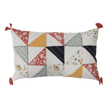 Load image into Gallery viewer, Cotton Patchwork Quilted Lumbar Pillow with Kantha Stitch &amp; Tassels 20&quot; x 12&quot;
