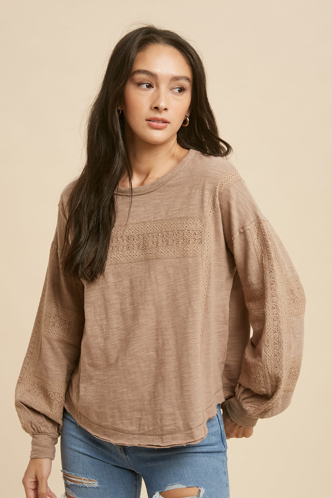 Taupe Lace Inset Long Sleeve Top