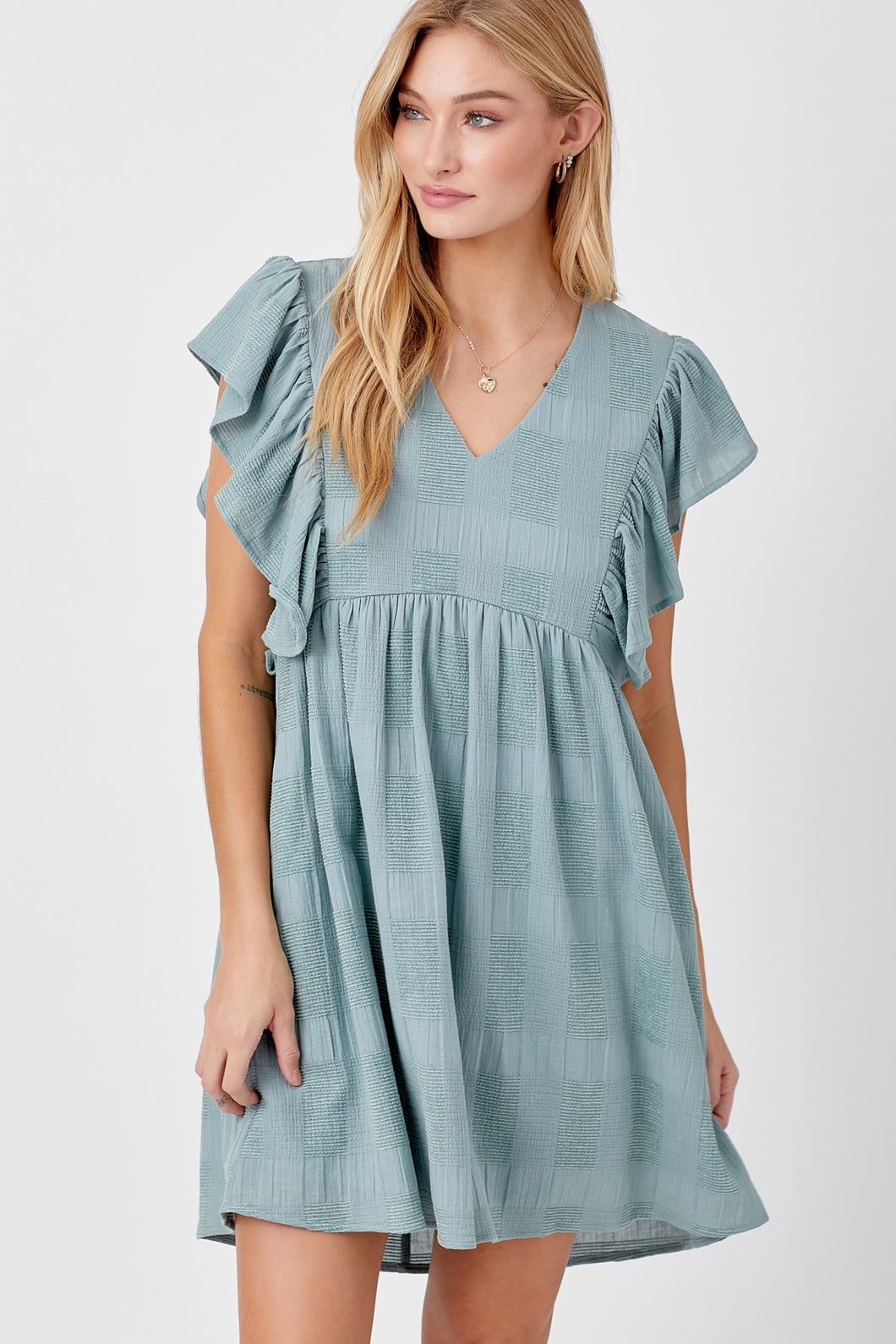 Dusty Blue TEXTURED V-NECK DRESS WITH RUFFLE SLEEVE DETAIL