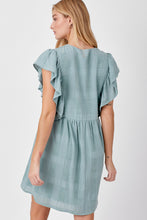 Load image into Gallery viewer, Dusty Blue TEXTURED V-NECK DRESS WITH RUFFLE SLEEVE DETAIL
