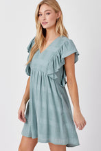 Load image into Gallery viewer, Dusty Blue TEXTURED V-NECK DRESS WITH RUFFLE SLEEVE DETAIL

