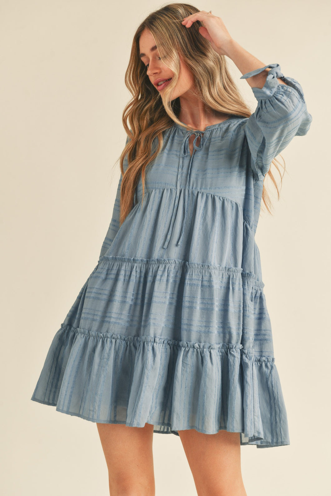 Puff Sleeve Tiered Babydoll Dress - Dusty Denim Blue Hazelkin Puff Sleeve Tiered Babydoll Dress - Dusty Denim Blue Hazelkin