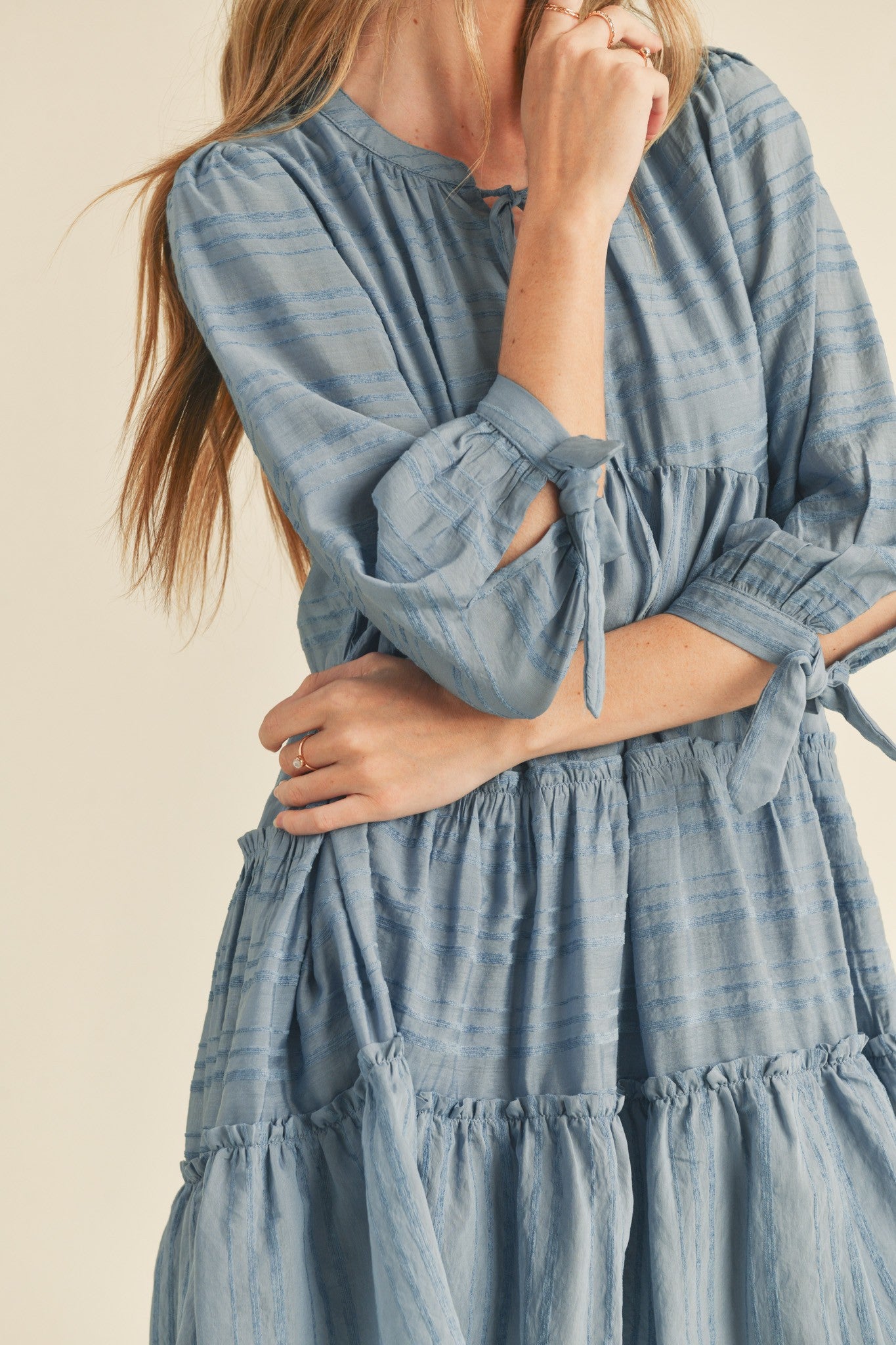 Puff Sleeve Tiered Babydoll Dress - Dusty Denim Blue  Hazelkin