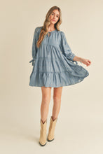 Load image into Gallery viewer, Puff Sleeve Tiered Babydoll Dress - Dusty Denim Blue
