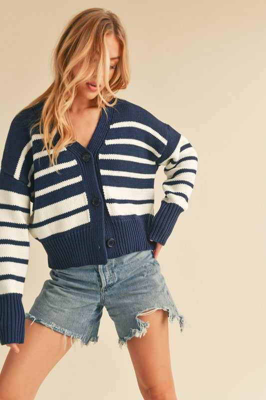 Lainey Knitted Cardi - Navy & White