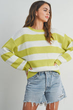 Load image into Gallery viewer, Striped Round Neck Long Sleeve Sweater- Lime
