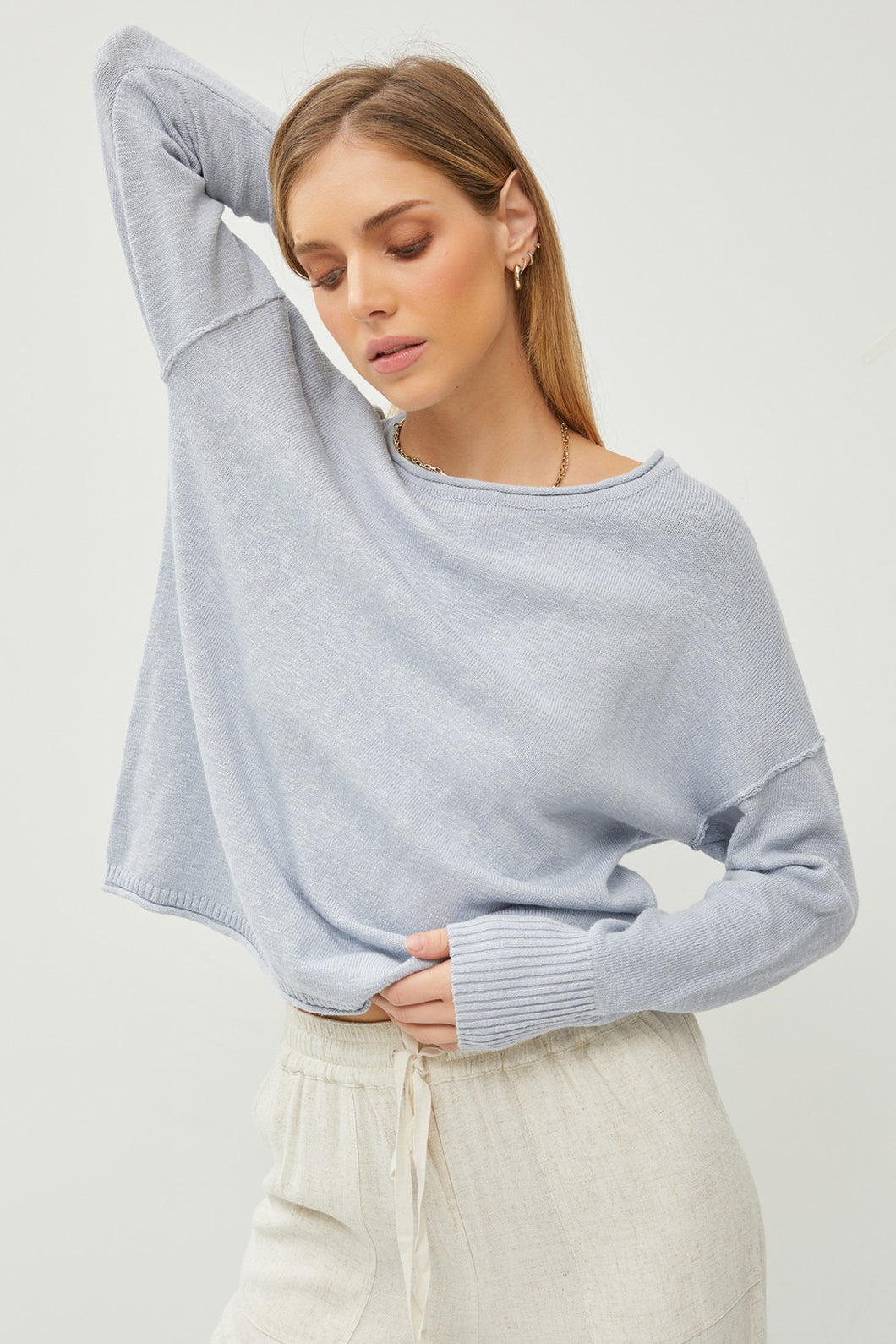 INSIDE OUT DROP SHOULDER PULLOVER SWEATER - Dusty Blue