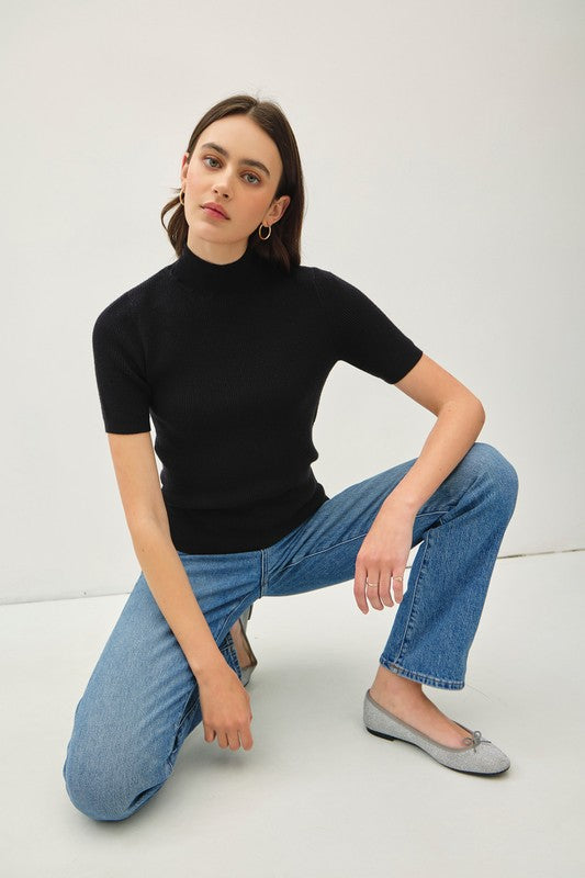 Mock Neck Short Sleeve Ribbed Knit Sweater