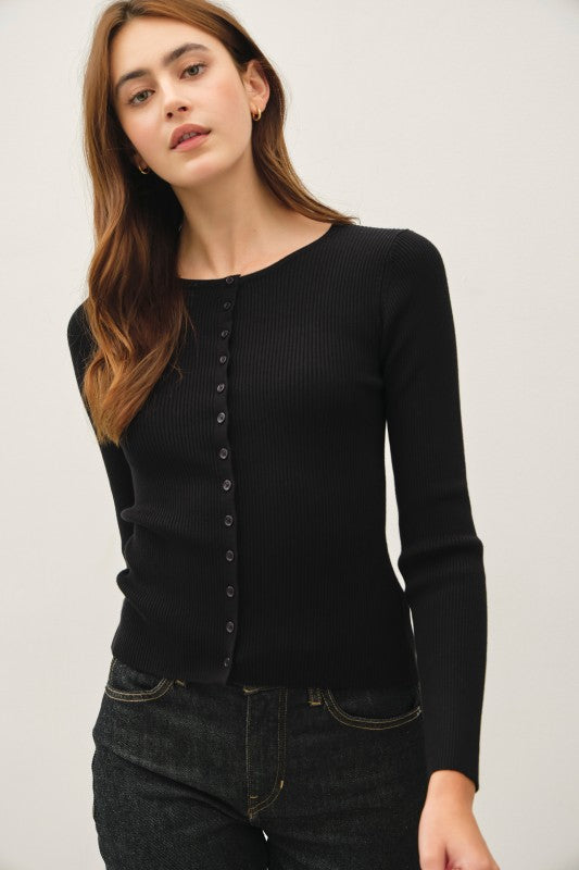 Black Ribbed Button Up Cardigan