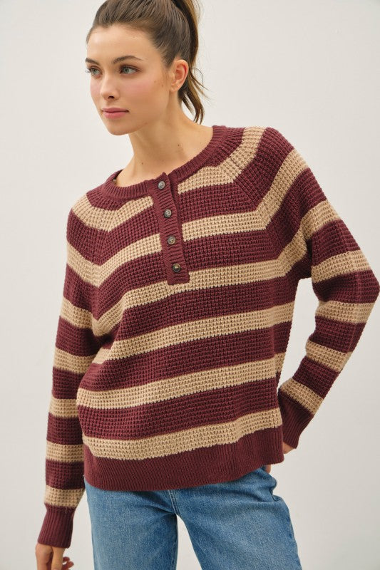 Wine Henley Button Placket Waffle Knit Sweater