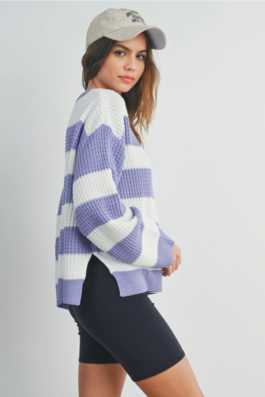 Striped Round Neck Long Sleeve- Lavender