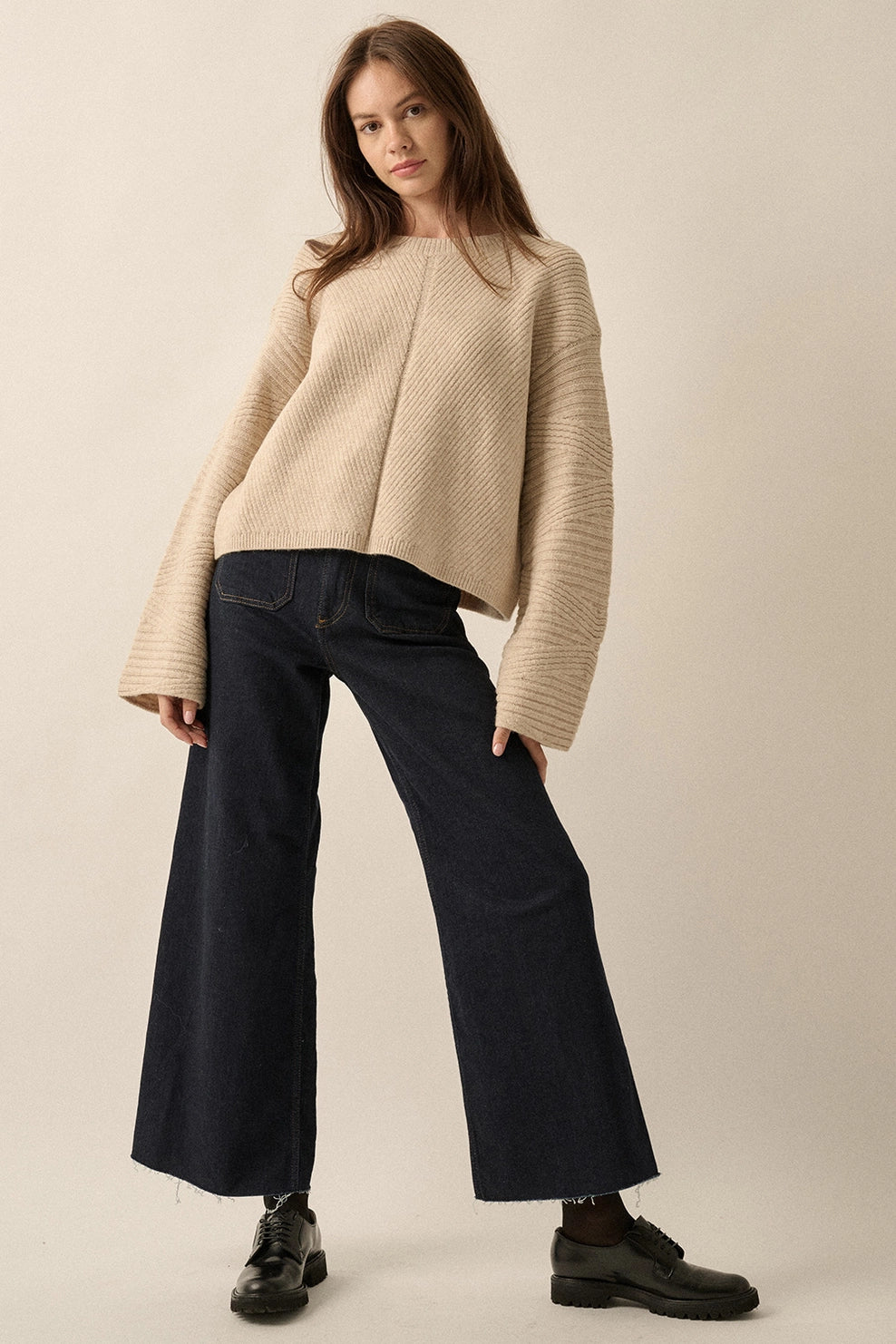 Solid Round Neck Center Seam Rib Knit Sweater- Oatmeal