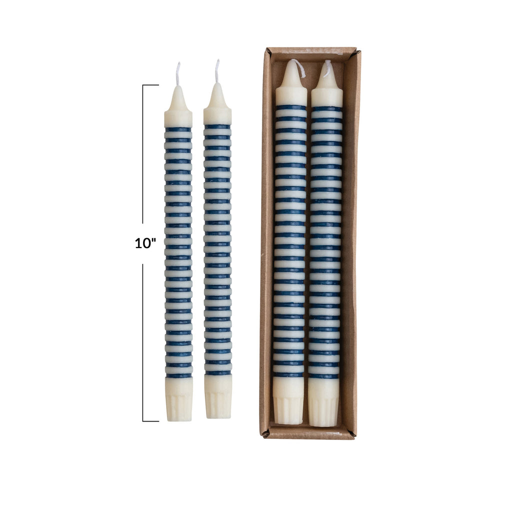 Unscented Striped Taper Candles in Box, Blue, Set of 2