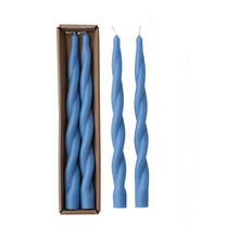 Load image into Gallery viewer, Unscented Twisted Taper Candles in Box, Blue, Set of 2
