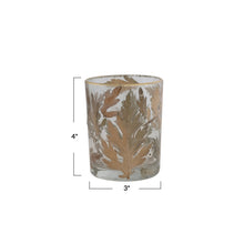 Load image into Gallery viewer, 3&quot; Round x 4&quot;H Glass Tealight Holder w/ Embedded Natural Oak Leaves &amp; Gold Rim
