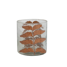 Load image into Gallery viewer, 6&quot; Round x 6-1/2&quot;H Glass Candle Holder w/ Embedded Natural Neem Leaves, Copper Finish
