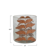 Load image into Gallery viewer, 6&quot; Round x 6-1/2&quot;H Glass Candle Holder w/ Embedded Natural Neem Leaves, Copper Finish
