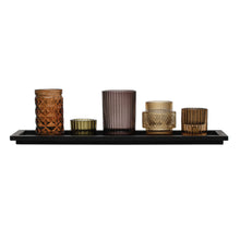 Load image into Gallery viewer, 17&quot;L x 5&quot;W x 4&quot;H Embossed Glass Votive/Tealight Holders w/ Wood Tray, Multi Color, Set of 6
