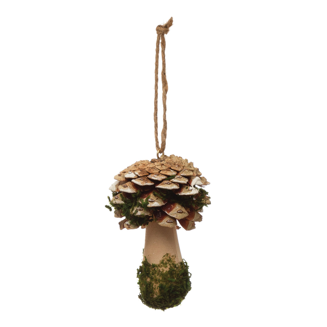 Pinecone and Wood Mushroom Ornament with Faux Moss