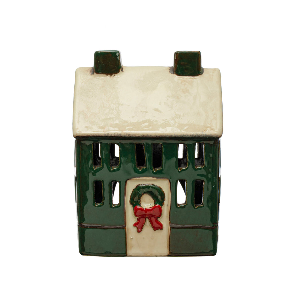 Hand-Painted Stoneware House, Reactive Glaze, Green, Cream Color & Red