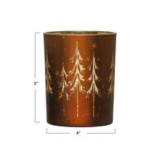 Load image into Gallery viewer, 4&quot; Round x 5&quot;H Mercury Glass Tealight/Votive Holder w/ Laser Etched Trees, Brown &amp; Gold Color
