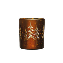 Load image into Gallery viewer, 3-1/2&quot; Round x 4&quot;H Mercury Glass Tealight/Votive Holder w/ Laser Etched Trees, Brown &amp; Gold Color
