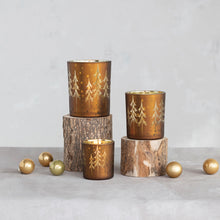 Load image into Gallery viewer, 3-1/2&quot; Round x 4&quot;H Mercury Glass Tealight/Votive Holder w/ Laser Etched Trees, Brown &amp; Gold Color
