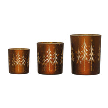 Load image into Gallery viewer, 3-1/2&quot; Round x 4&quot;H Mercury Glass Tealight/Votive Holder w/ Laser Etched Trees, Brown &amp; Gold Color
