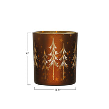 Load image into Gallery viewer, 3-1/2&quot; Round x 4&quot;H Mercury Glass Tealight/Votive Holder w/ Laser Etched Trees, Brown &amp; Gold Color
