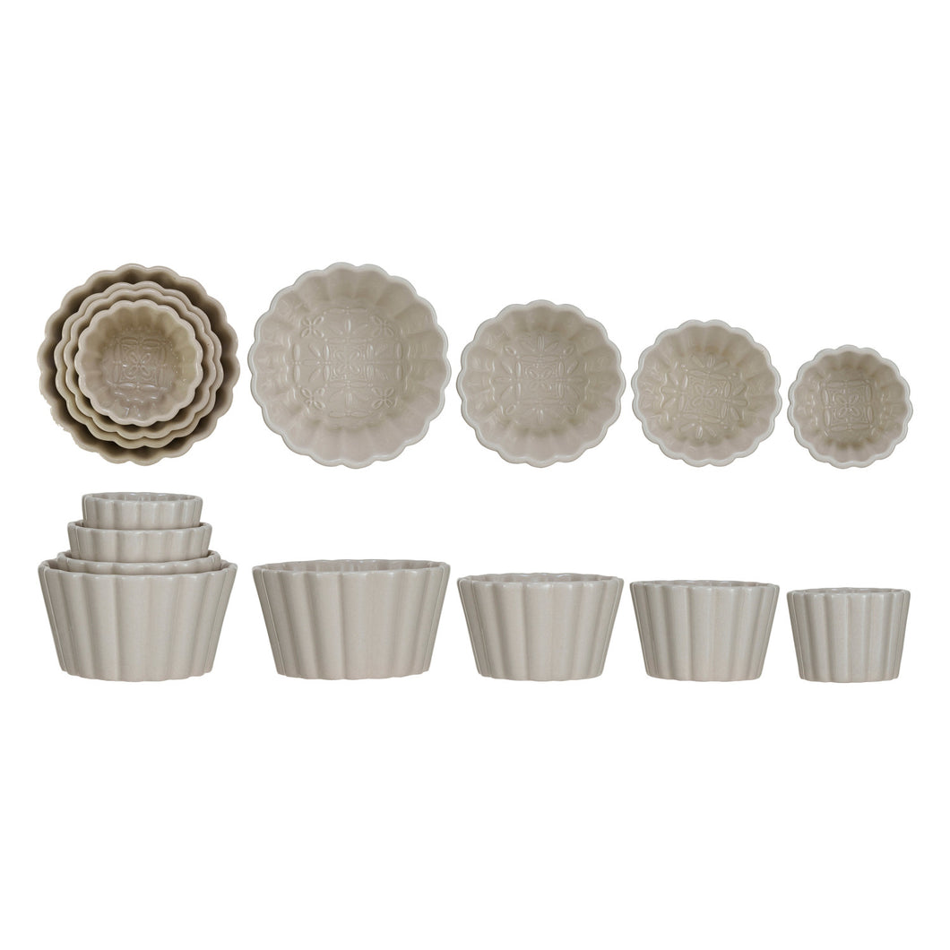 Embossed Stoneware Fluted Bowls with Pattern, Cream