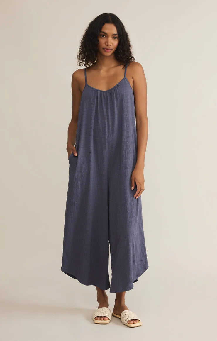 Textured Flared Jumpsuit- Worn Blue