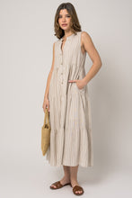 Load image into Gallery viewer, Button Down Shirring Striped Maxi Dress - White/Taupe
