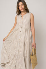 Load image into Gallery viewer, Button Down Shirring Striped Maxi Dress - White/Taupe
