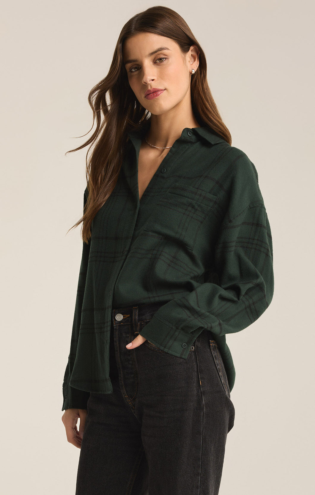 River Plaid Button Up- Cyprus Green