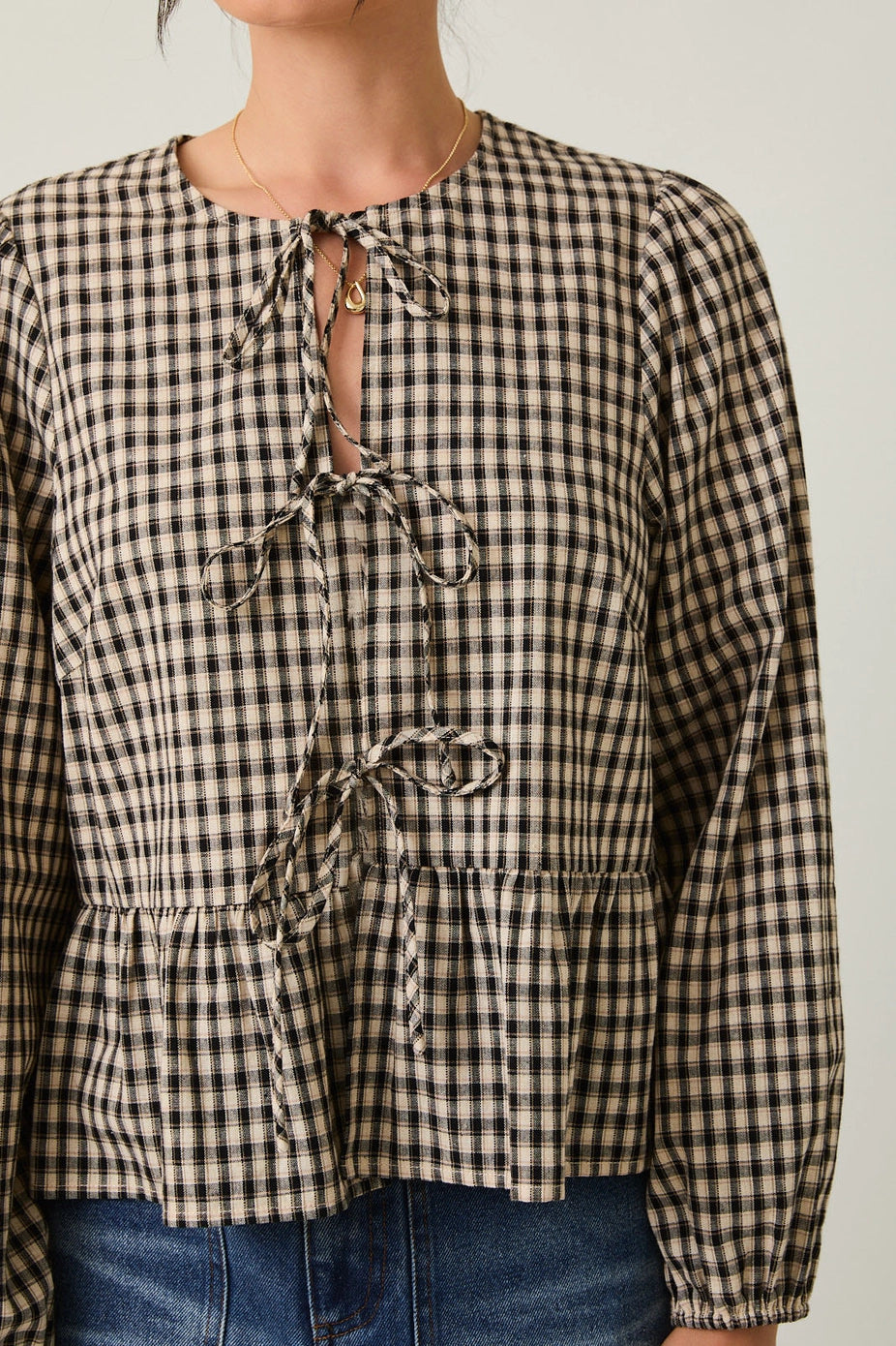 Black and Cream Front Ties Long Sleeve Blouse