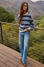 Load image into Gallery viewer, Knit Cotton Striped Crew Neck Long Sleeve Top - Navy
