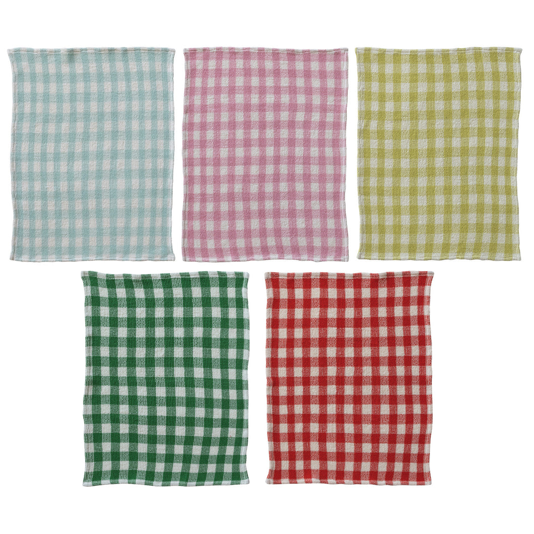 Cotton Waffle Weave Tea Towel with Gingham Pattern, 5 Colors