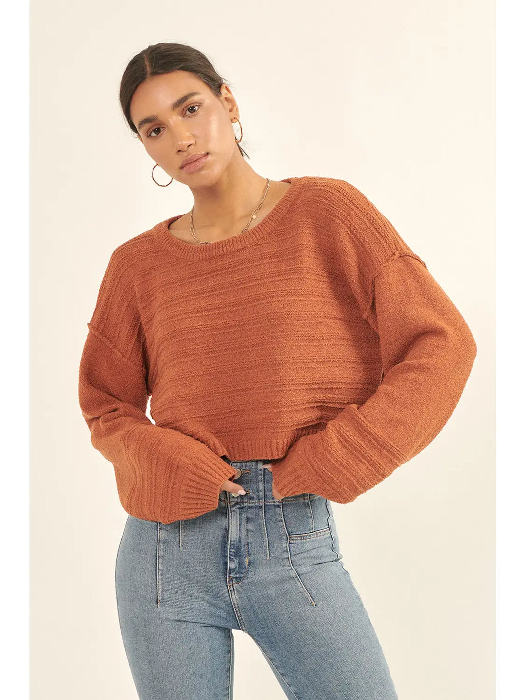 Solid Round Neck Long Sleeve Pullover Sweater- Toffee