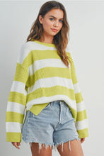 Load image into Gallery viewer, Striped Round Neck Long Sleeve Sweater- Lime
