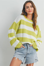 Load image into Gallery viewer, Striped Round Neck Long Sleeve Sweater- Lime
