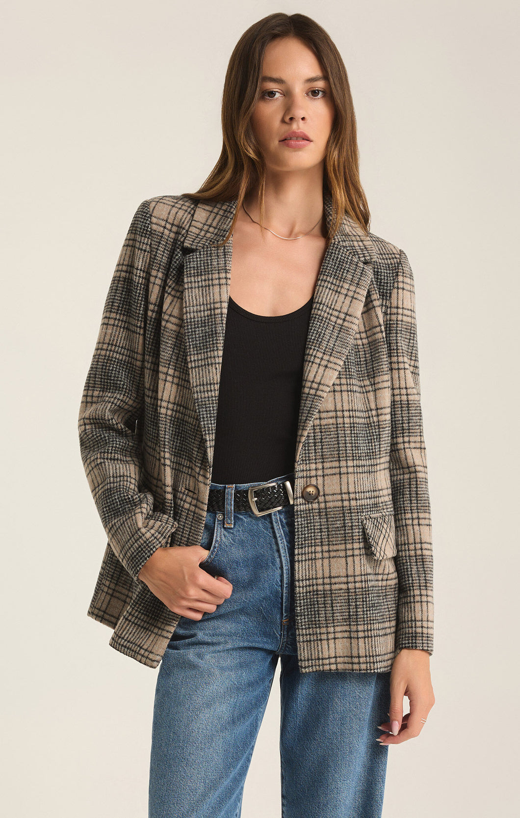 Kingston Relaxed Plaid Blazer- Earthen Grey