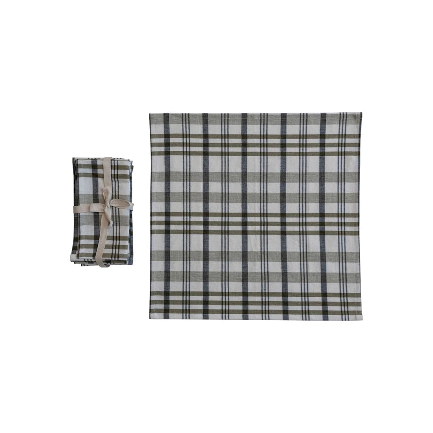 Stonewashed Cotton Napkins, White & Green Plaid