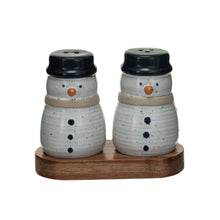 Load image into Gallery viewer, Stoneware Snowmen Salt &amp; Pepper Shakers w/ Wood Tray
