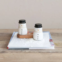 Load image into Gallery viewer, Stoneware Snowmen Salt &amp; Pepper Shakers w/ Wood Tray
